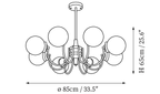 Dimension drawing of this eight-light Clérachic chandelier, with its 65 cm height and 85 cm width marked.