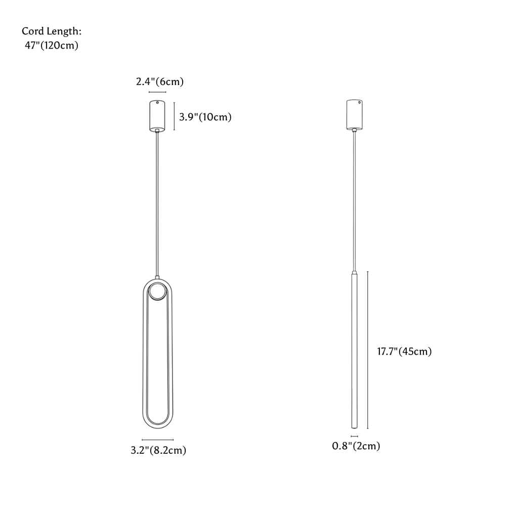 Clérachic pendant light dimension drawing, every measurement marked in centimetres and inches.