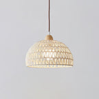 Close, straight-on view of this Clérachic pendant on a pale grey backdrop, showing the zigzag open weave of the dome and its wooden finial.