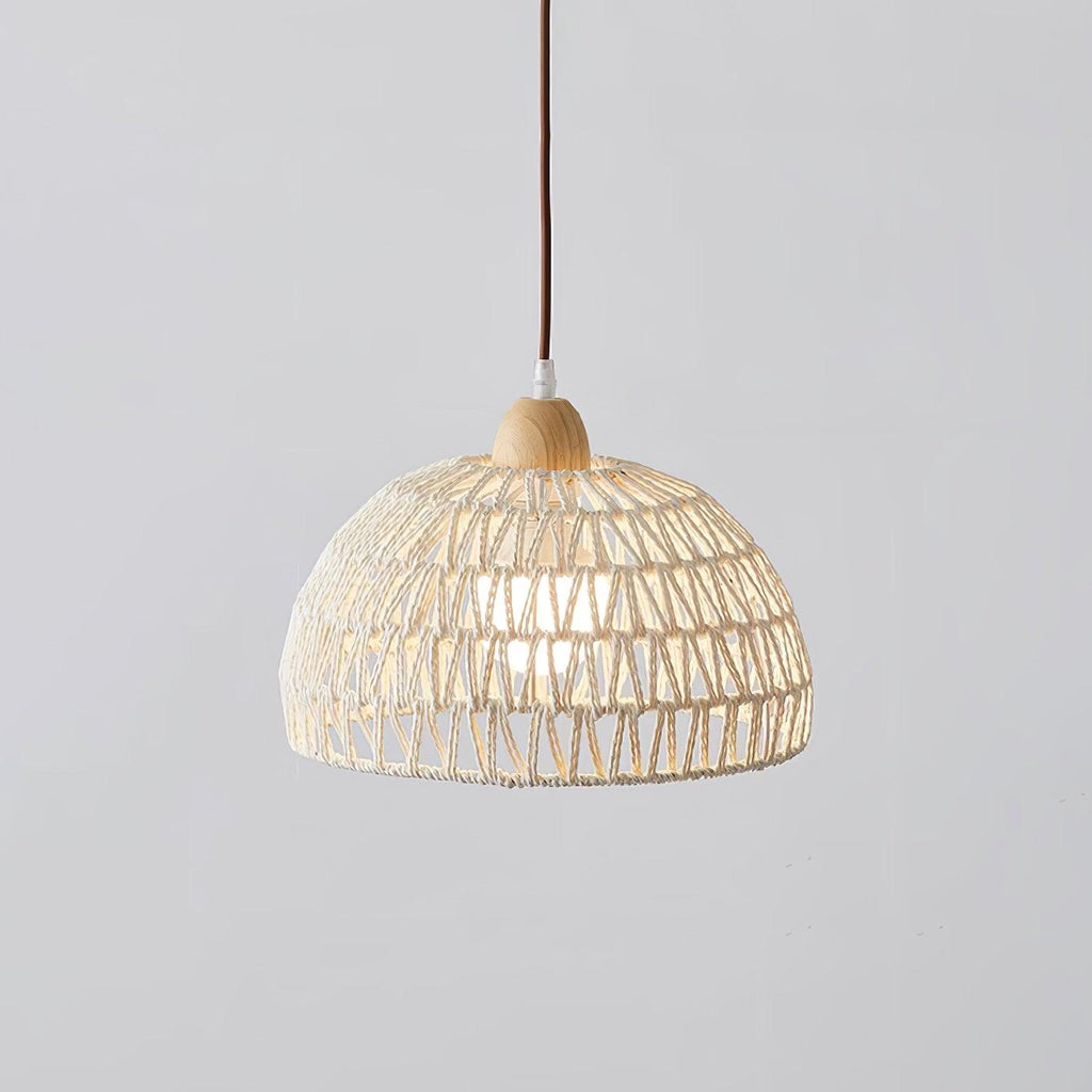 Large Clérachic open-weave dome pendant hanging against a pale grey wall, its brown cord and wooden finial above the shade.