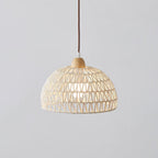 Large Clérachic open-weave dome pendant hanging against a pale grey wall, its brown cord and wooden finial above the shade.