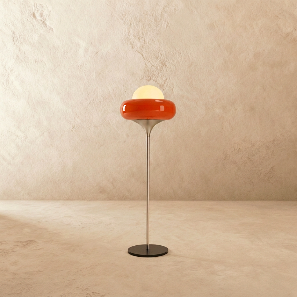 Clérachic floor lamp in orange glass, its rounded shade glowing atop a slim chrome stem and round black metal base.