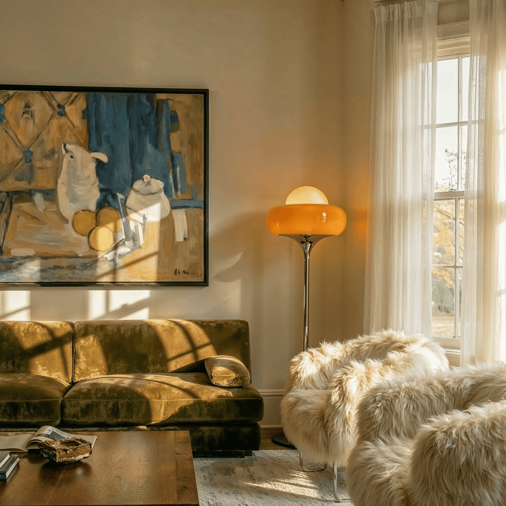 A Clérachic floor lamp in orange glass lights a living-room corner beside an olive velvet sofa and shaggy armchair.