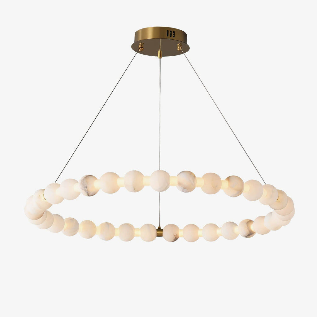 Clérachic Orb ring chandelier on white, brass canopy and cables above a single beaded ring.