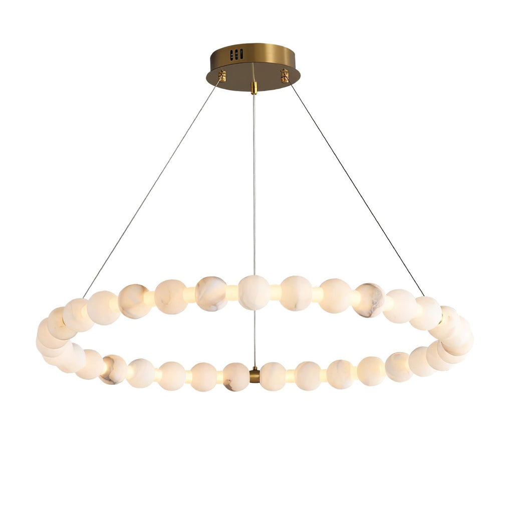 The Clérachic Orb ring chandelier on white, a full circle of veined alabaster beads.