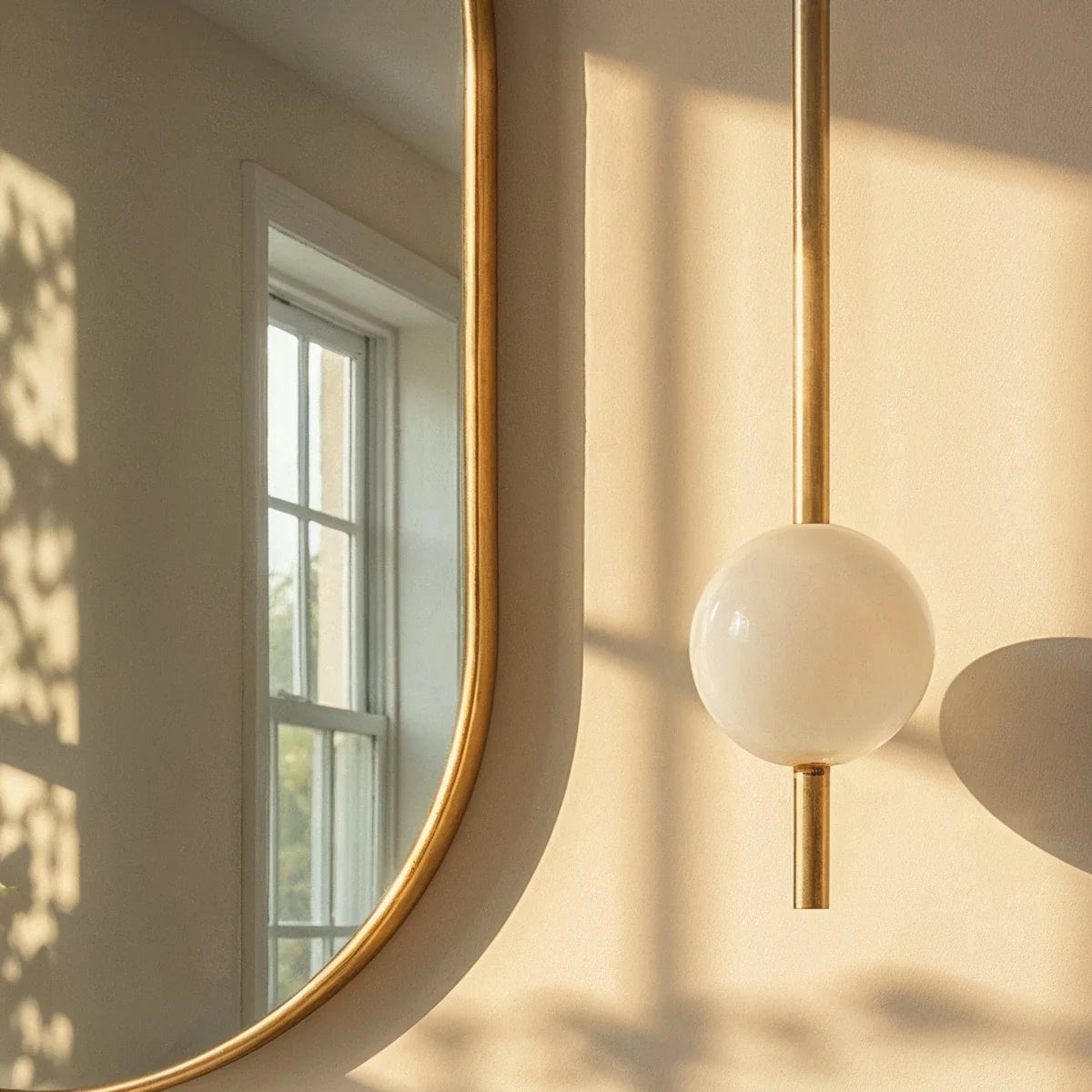 Clérachic single-ball orb pendant light in brushed brass, close beside a gilt-framed mirror in a sunlit bathroom.