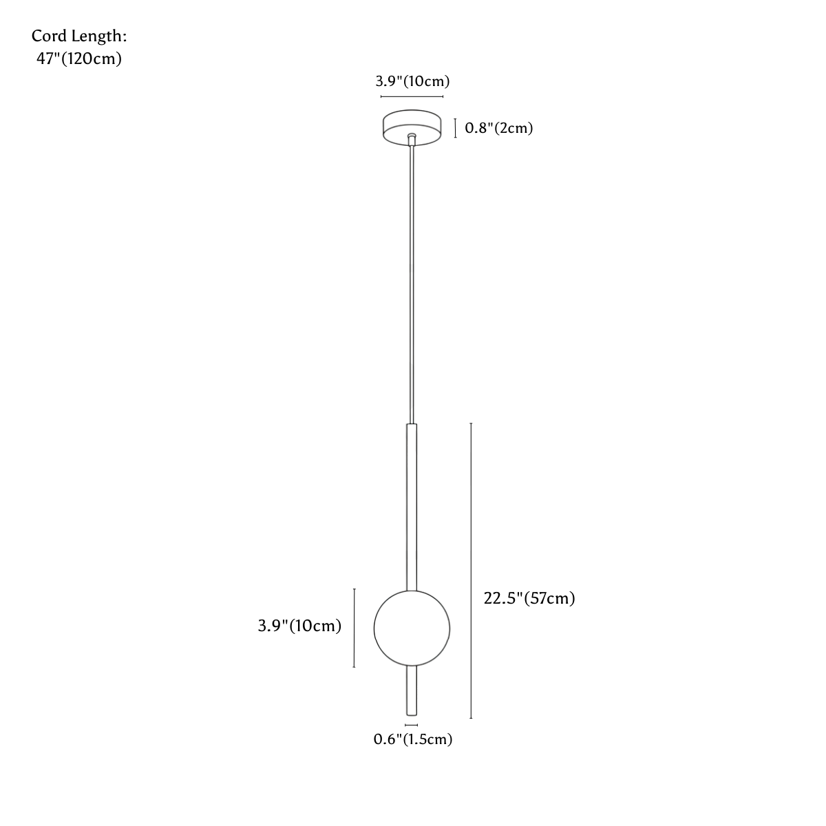 Clérachic pendant light dimension drawing, 1 Heads, every measurement marked in centimetres and inches.