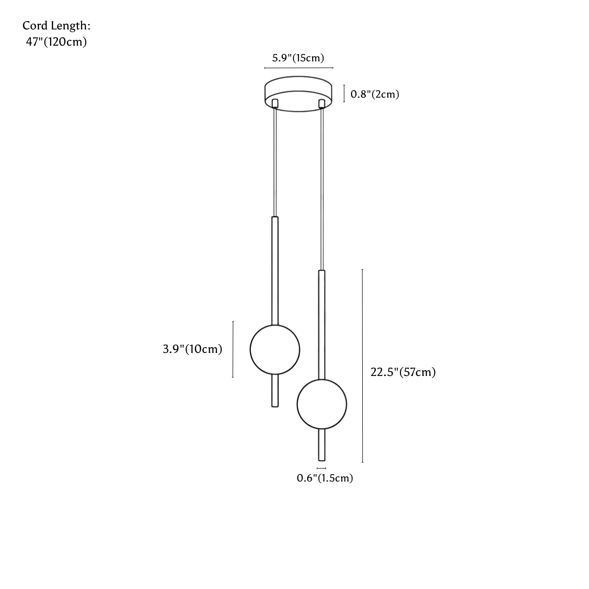 Clérachic pendant light dimension drawing, 2 Heads, every measurement marked in centimetres and inches.
