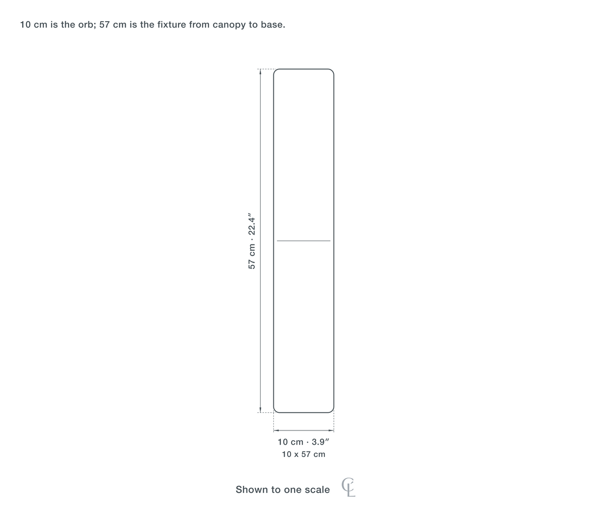 Technical dimension drawing of the Orb Pendant Light for Dining Table, Opal Glass, 10 to 57 cm — 10 × 57 cm (3.9 × 22.4″), drawn to scale.