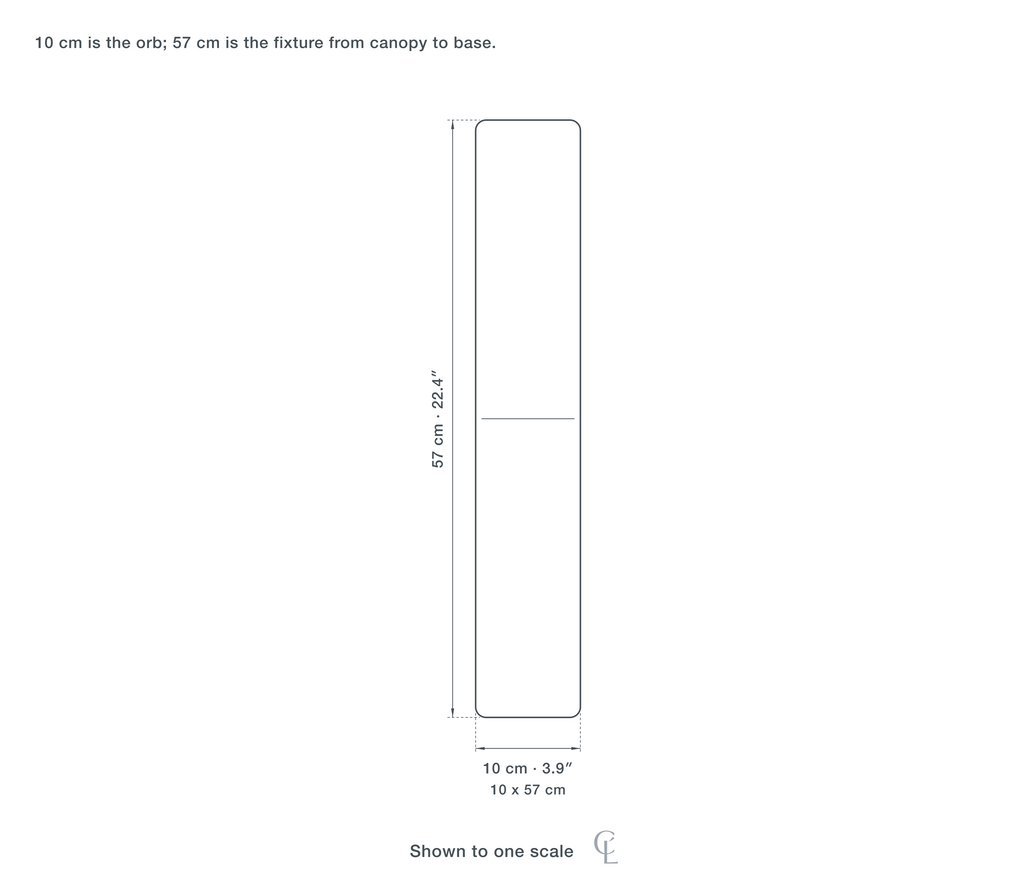 Technical dimension drawing of the Clérachic Orb Pendant Light for Dining Table, Opal Glass, 10 to 57 cm — 10 × 57 cm (3.9 × 22.4″), drawn to scale.