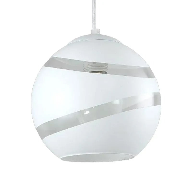 Close-up of the white Clérachic glass globe shade, showing its frosted spiral orbit bands and slim cord.