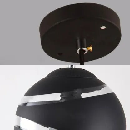 Mounting canopy and socket hardware for the black Clérachic glass globe pendant, paired with a top-down view of the banded globe.