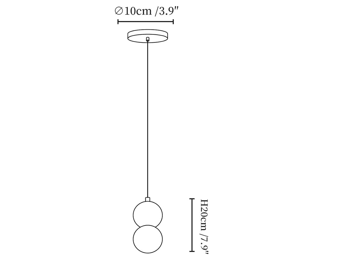 Dimension drawing of the origo pendant lamp, in outline against white.