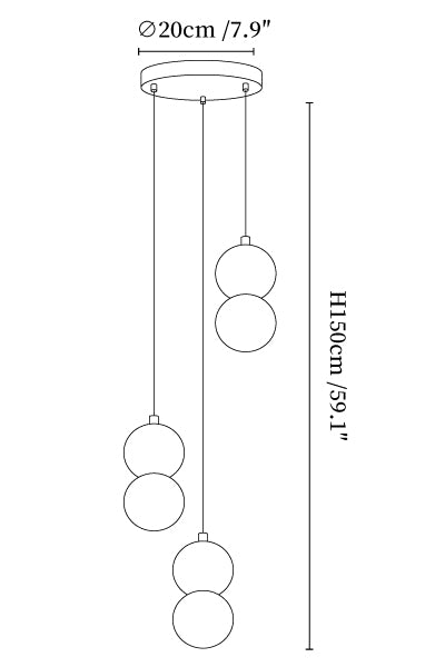 Dimension drawing of the origo pendant lamp, in outline against white.
