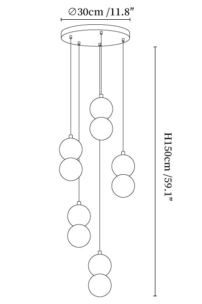 Dimension drawing of the origo pendant lamp, in outline against white.