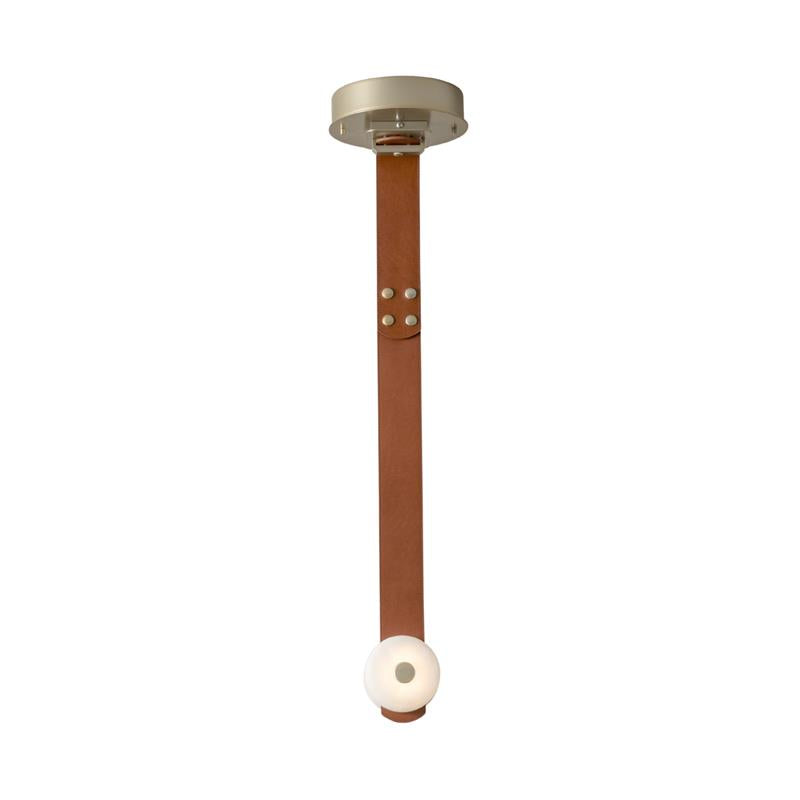 Clérachic Orinos alabaster LED pendant on a cognac leather strap below a brass canopy, single head, studio view.