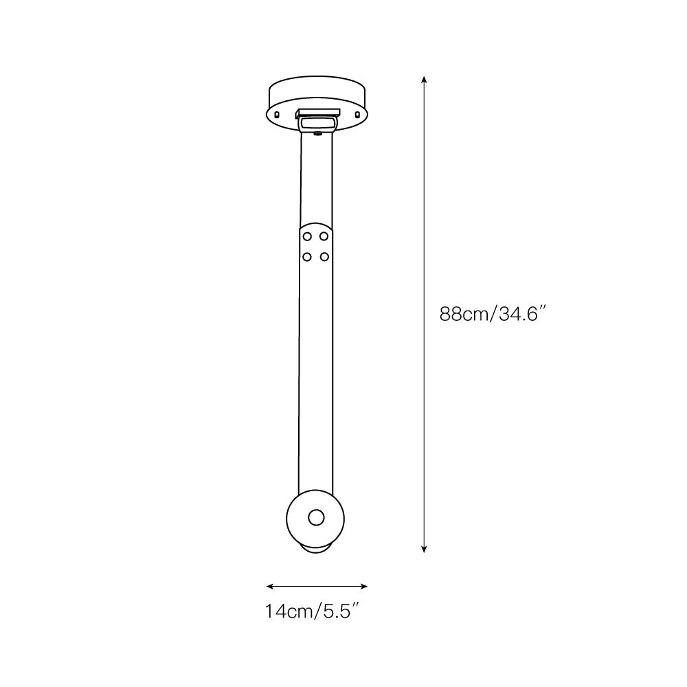 Dimension drawing for the one-head Clérachic Orinos pendant, 14 cm / 5.5″ wide with an 88 cm / 34.6″ drop.