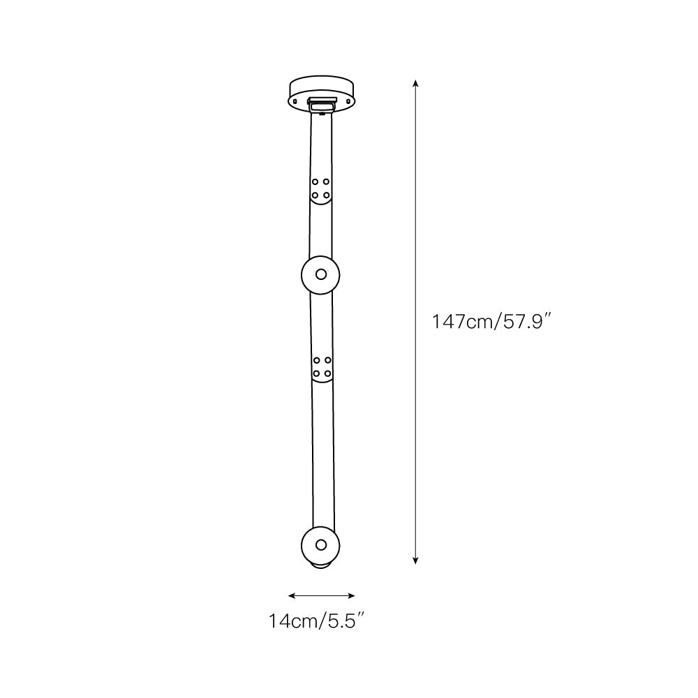 Dimension drawing of the two-head Clérachic Orinos drop, 14 cm / 5.5″ wide and 147 cm / 57.9″ from the ceiling.