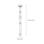 Dimension drawing of the two-head Clérachic Orinos drop, 14 cm / 5.5″ wide and 147 cm / 57.9″ from the ceiling.