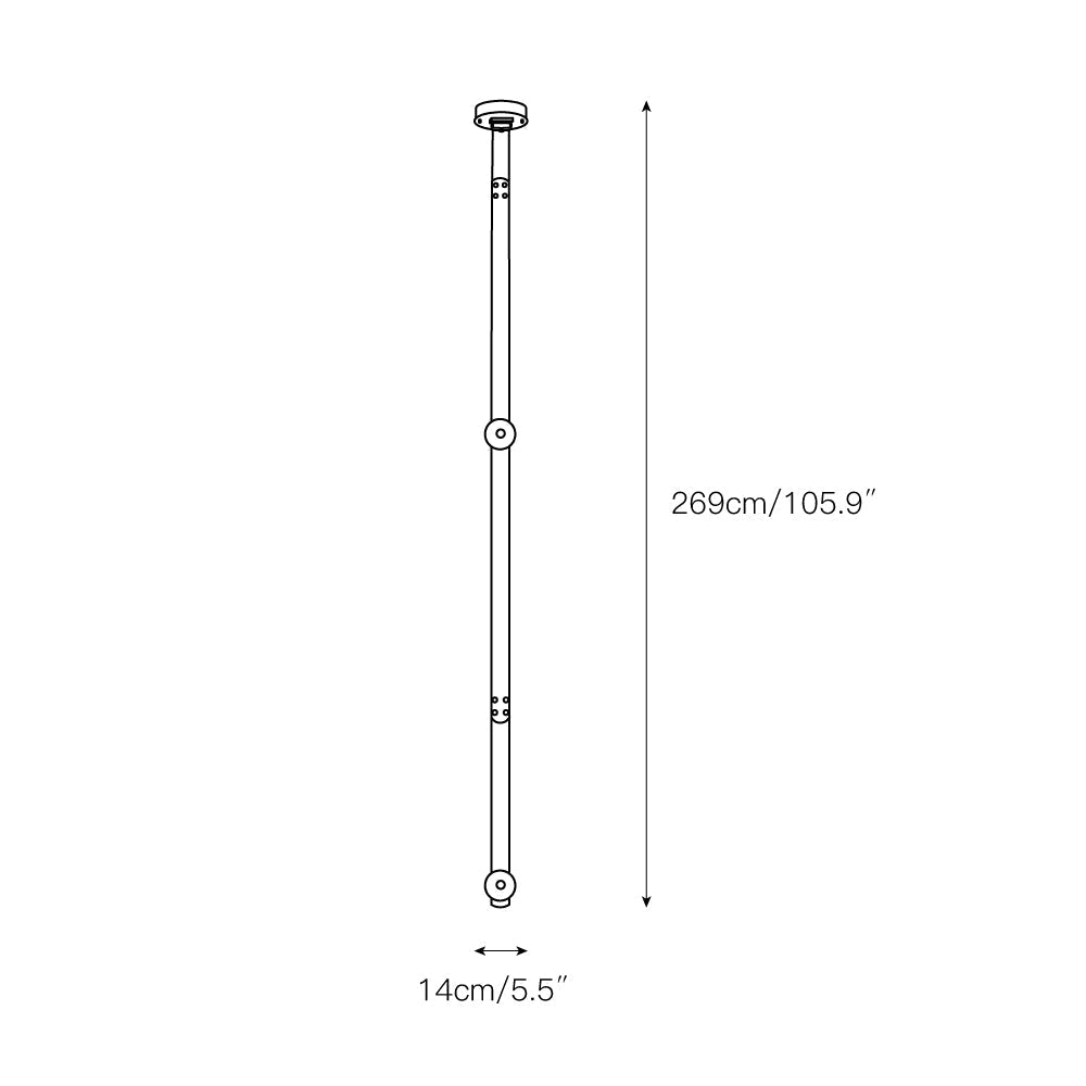 Dimension drawing for the long Clérachic Orinos run, 14 cm / 5.5″ heads on a 269 cm / 105.9″ stairwell drop.
