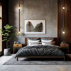 Clérachic Orinos pendants dropping either side of a bed, alabaster heads lighting a concrete wall and slatted timber.
