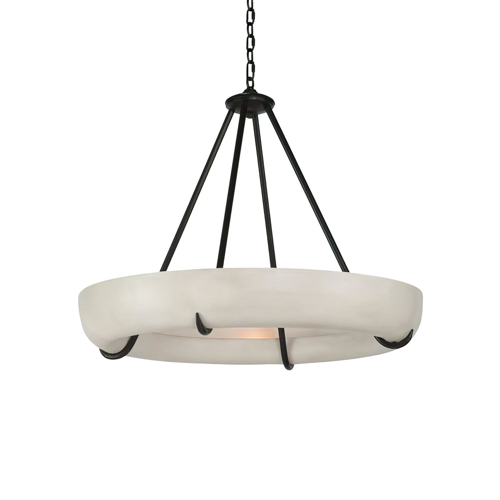 Clérachic Orion chandelier on white, a shallow alabaster drum cradled by four black metal straps.