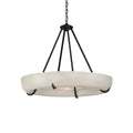 Clérachic Orion chandelier on white, a shallow alabaster drum cradled by four black metal straps.