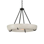 Clérachic Orion chandelier on white, a shallow alabaster drum cradled by four black metal straps.