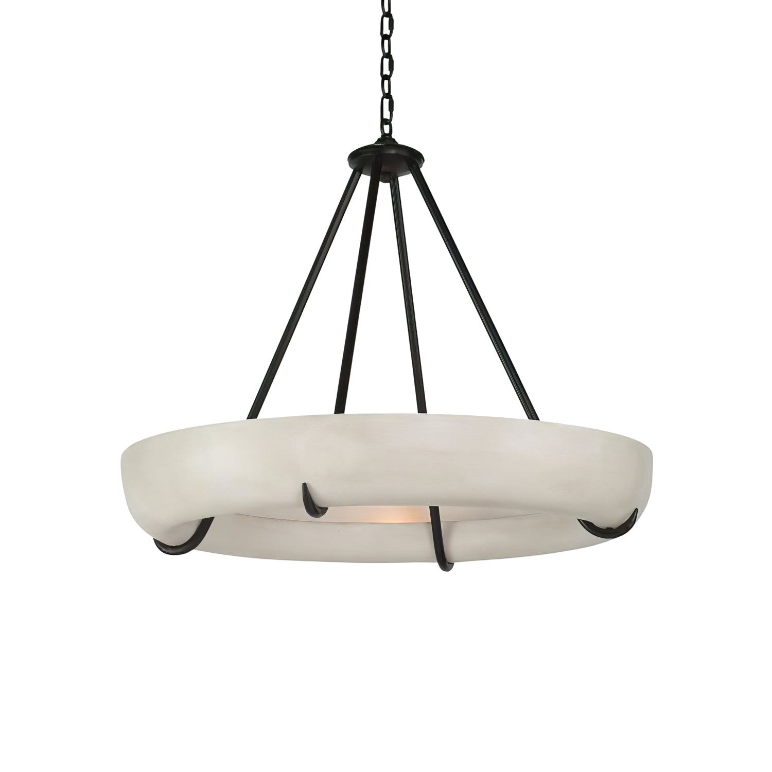 Clérachic Orion chandelier on white, a shallow alabaster drum cradled by four black metal straps.