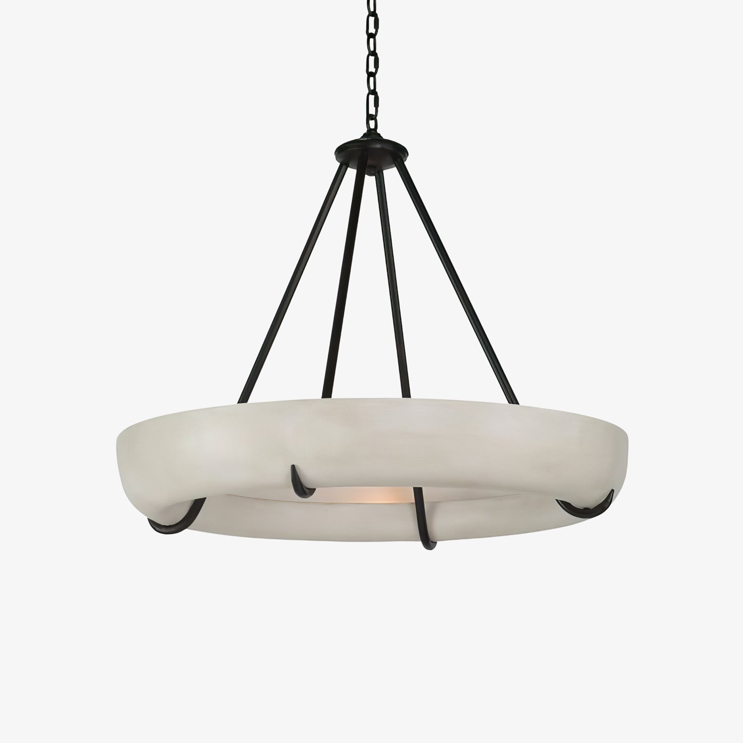 The Clérachic Orion alabaster chandelier with its black chain and canopy above the stone bowl.