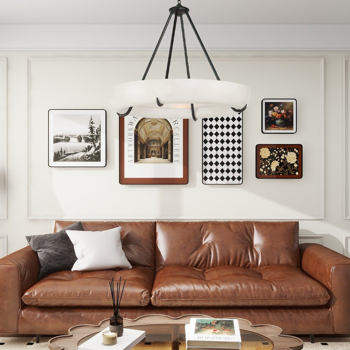 The Clérachic Orion hung over a tan leather sofa and gallery wall, warm light on the plaster.