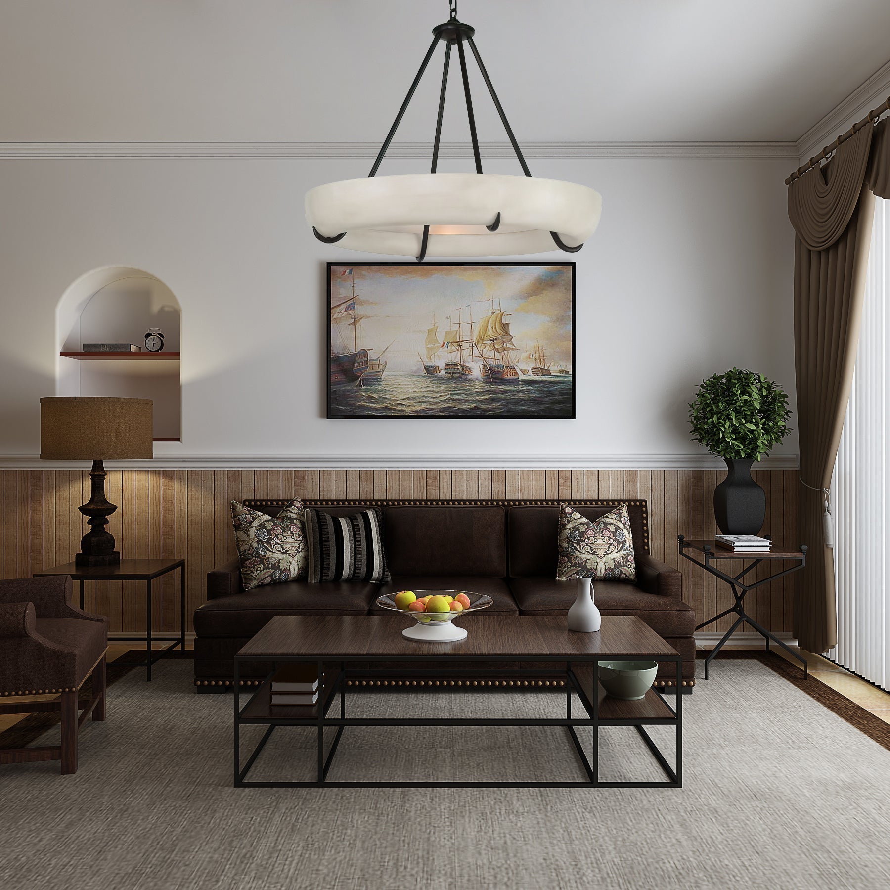 Clérachic Orion alabaster chandelier in a dark-toned living room beneath a large maritime painting.