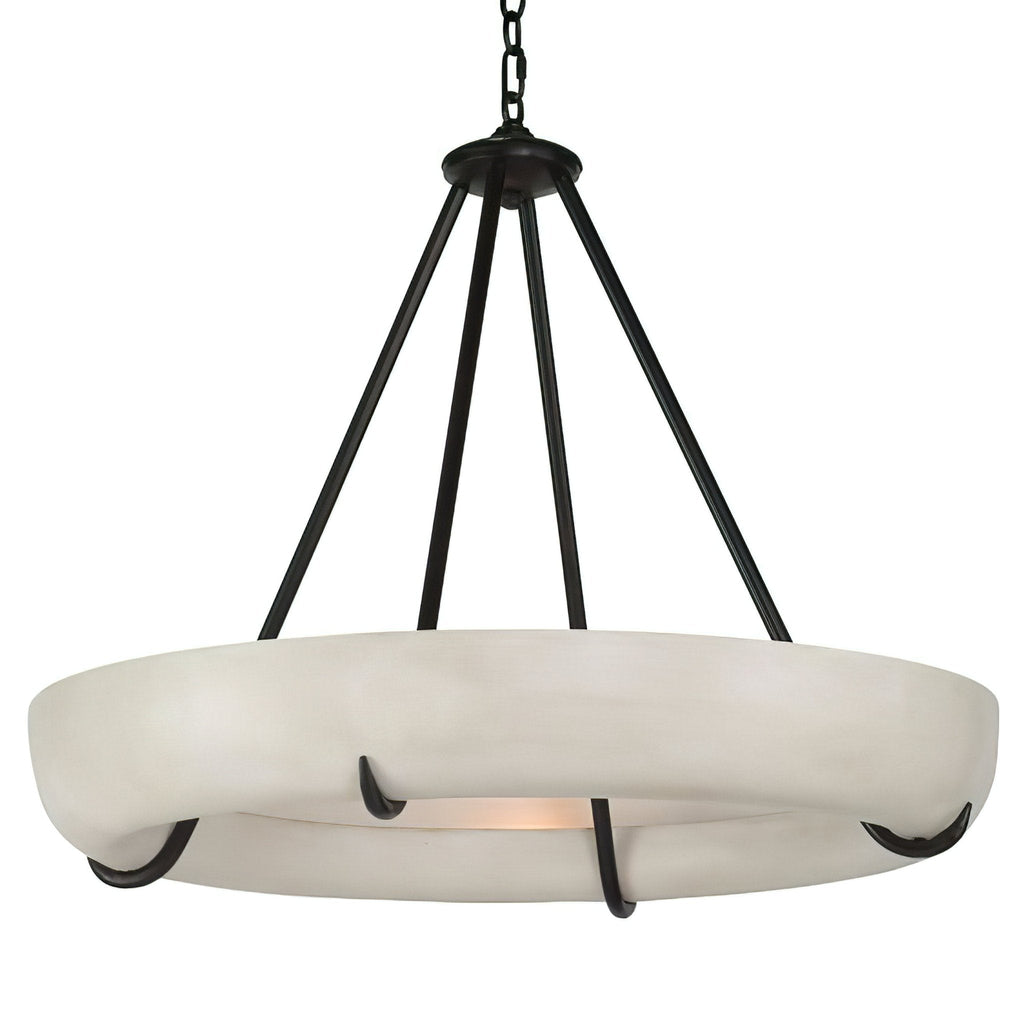 Wide version of the Clérachic Orion drum chandelier on white, veined alabaster with black arm detail.