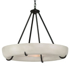 Wide version of the Clérachic Orion drum chandelier on white, veined alabaster with black arm detail.