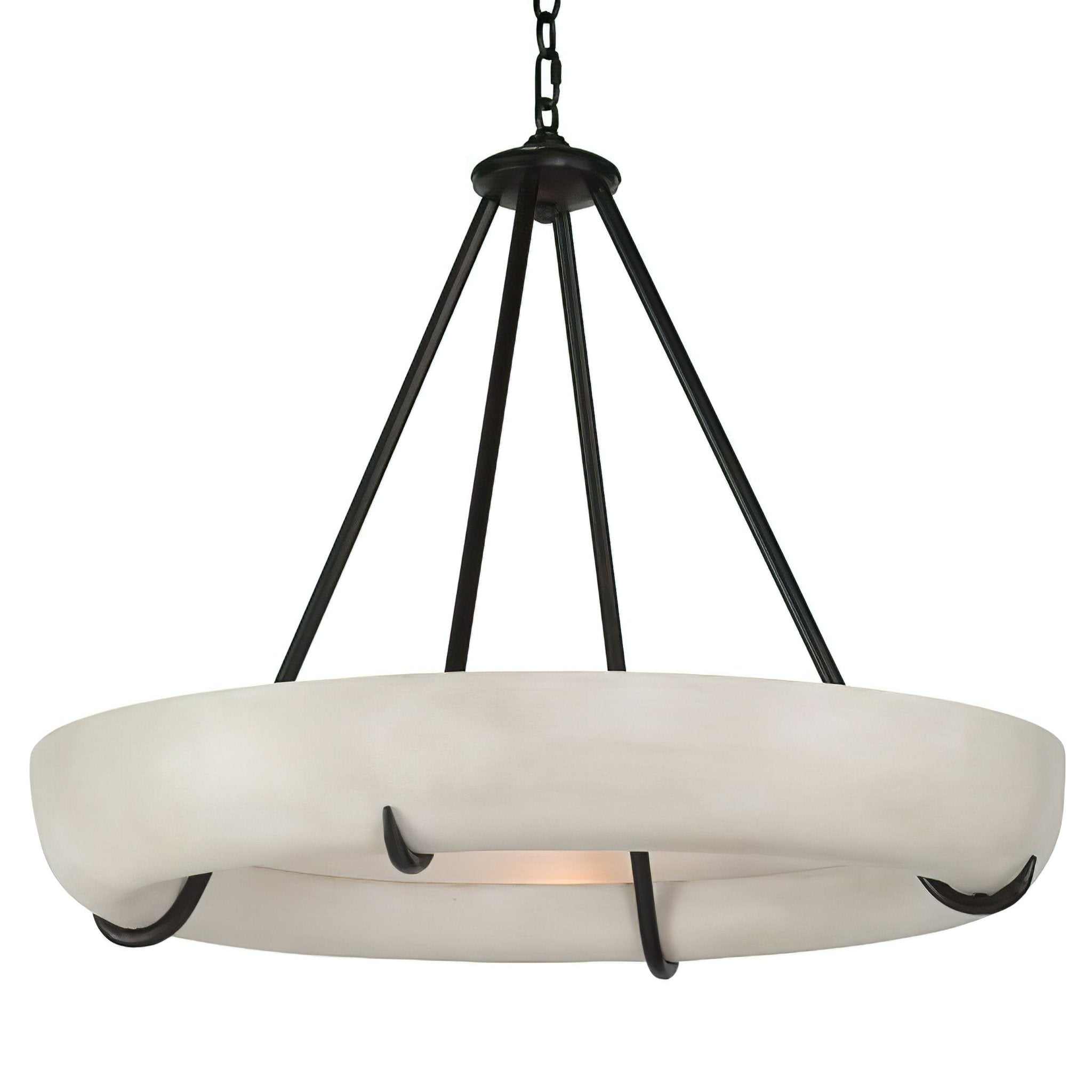 Wide version of the Clérachic Orion drum chandelier on white, veined alabaster with black arm detail.