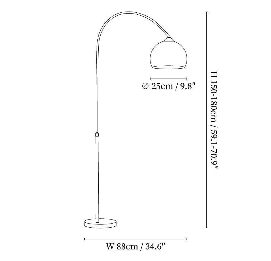 Dimension drawing of the orla arch floor lamp, in outline against white.