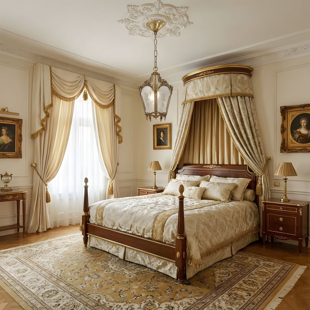 This Clérachic brass lantern pendant hangs in a bedroom with a canopied four-poster bed, cream drapes and a patterned rug.