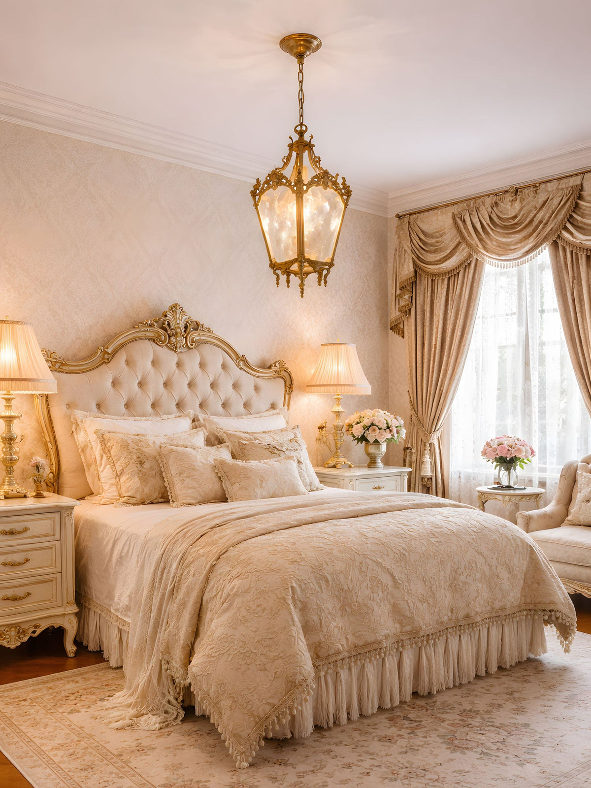 Brass lantern pendant above a cream upholstered bed in a bedroom with silk curtains and bedside lamps, from Clérachic.