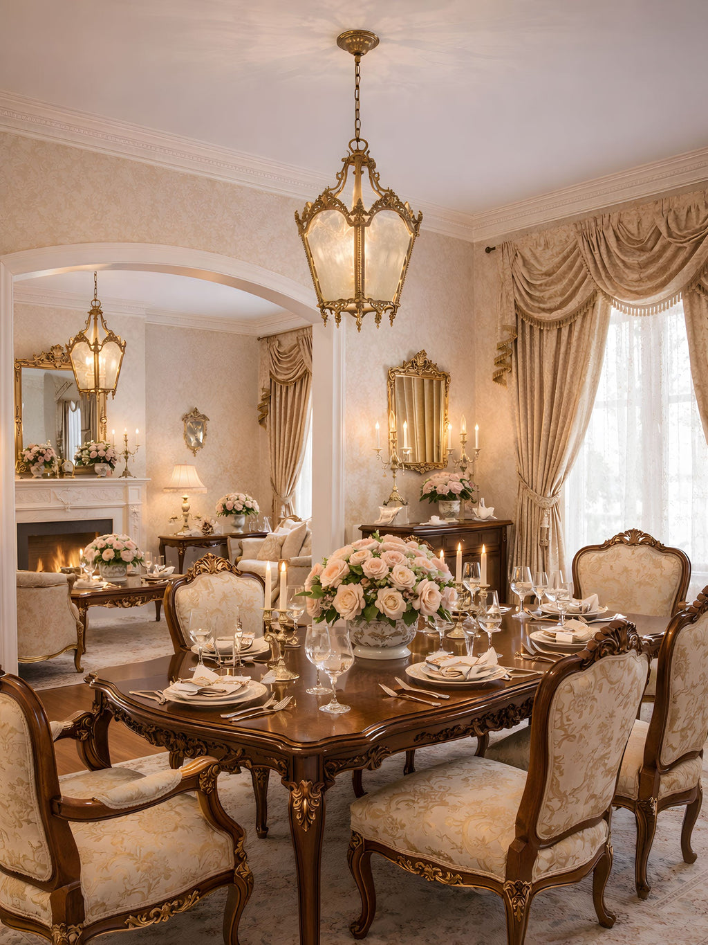 Brass lantern with frosted panes hung in a formal dining room set with flowers and glassware, from Clérachic.