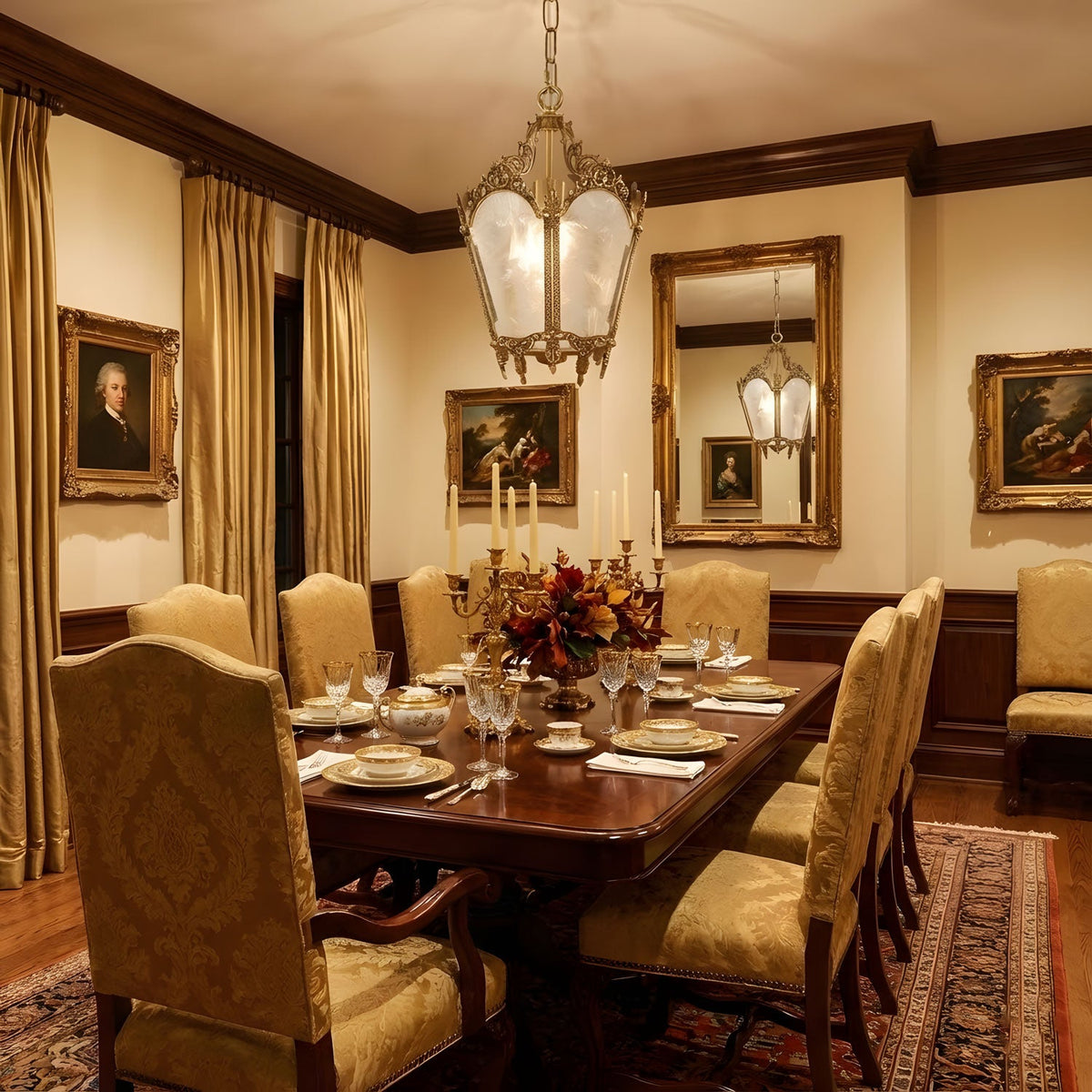 Clérachic brass lantern pendant above a long polished dining table, with gold curtains and gilt-framed portraits behind it.