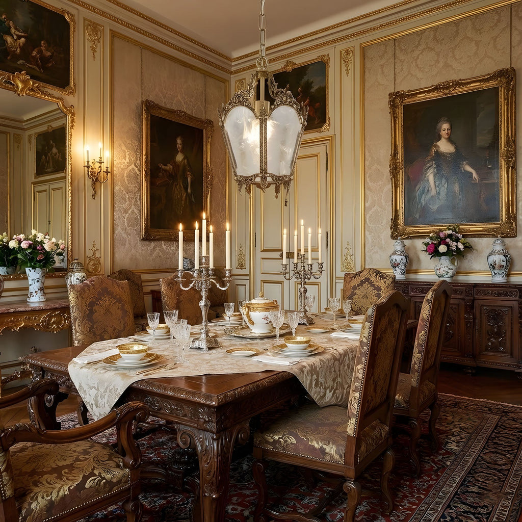 Frosted-glass brass lantern hung in a panelled dining room with candelabras and a large gilt-framed portrait, from Clérachic.