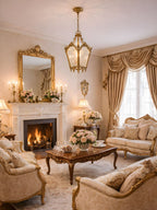 Brass lantern pendant in a drawing room with a lit fireplace, a gilt mirror and cream sofas, from Clérachic.