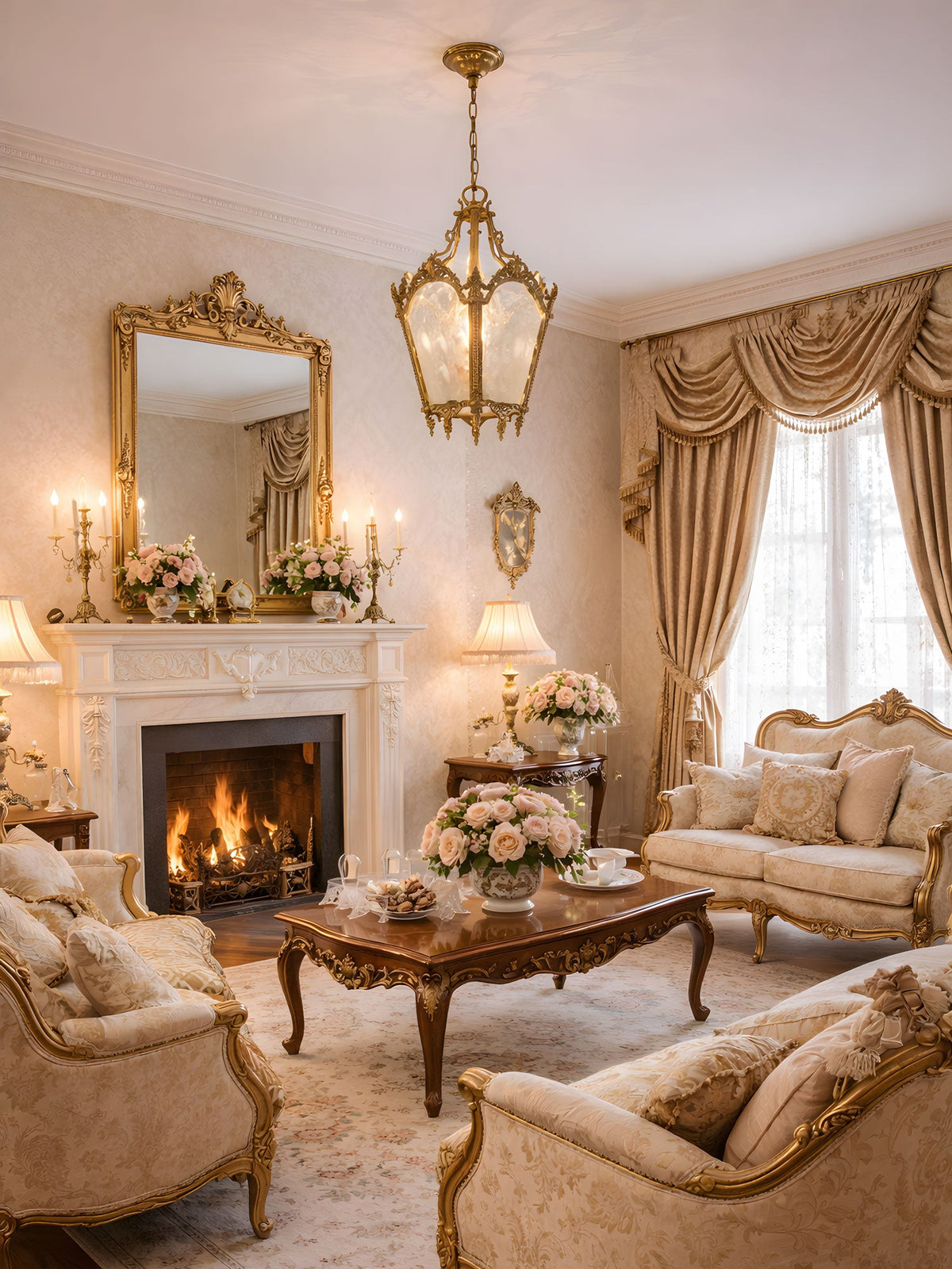 Brass lantern pendant in a drawing room with a lit fireplace, a gilt mirror and cream sofas, from Clérachic.
