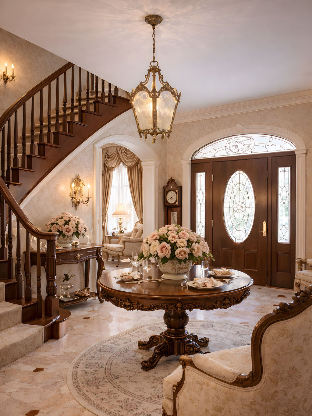 Clérachic brass lantern pendant in a hallway with a curved wooden staircase and a round table of pink roses.