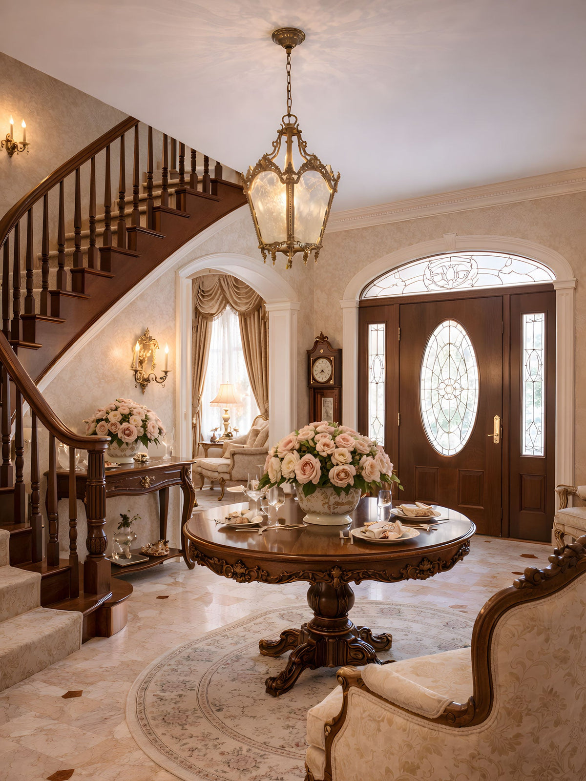 Clérachic brass lantern pendant in a hallway with a curved wooden staircase and a round table of pink roses.