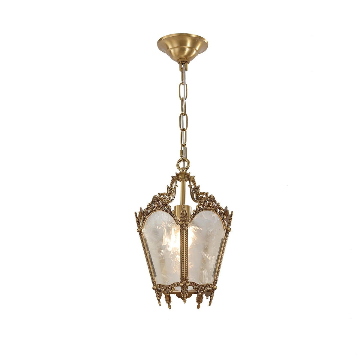 Clérachic brass lantern pendant with a domed ceiling canopy and a chain, seen on a plain white backdrop.