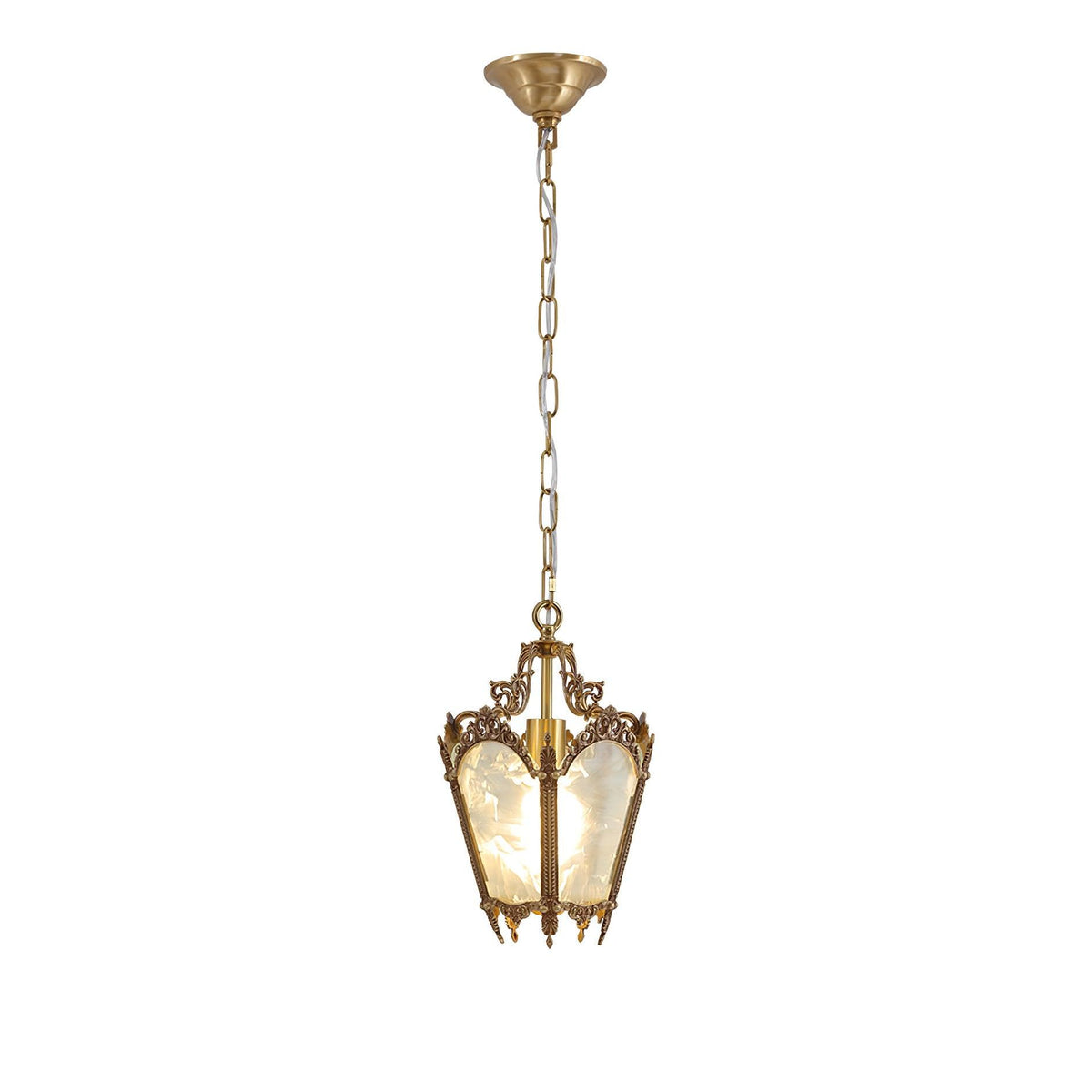 Brass lantern pendant with a chain and a domed ceiling canopy, small in a white frame, from Clérachic.
