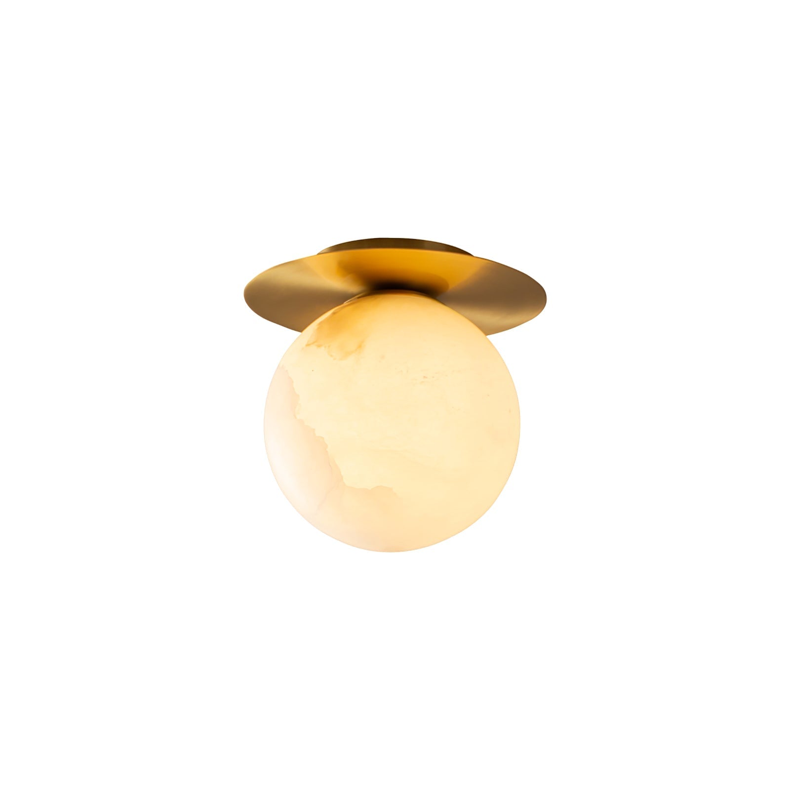 The Clérachic Orrila mounted as a ceiling light on white, globe hanging below the brass disc.
