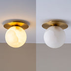 Clérachic Orrila ceiling light shown lit and unlit side by side against a white ceiling.