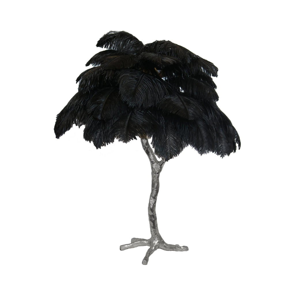 Clérachic table lamp with black ostrich feathers on a silver branch stem, shown on a white background.